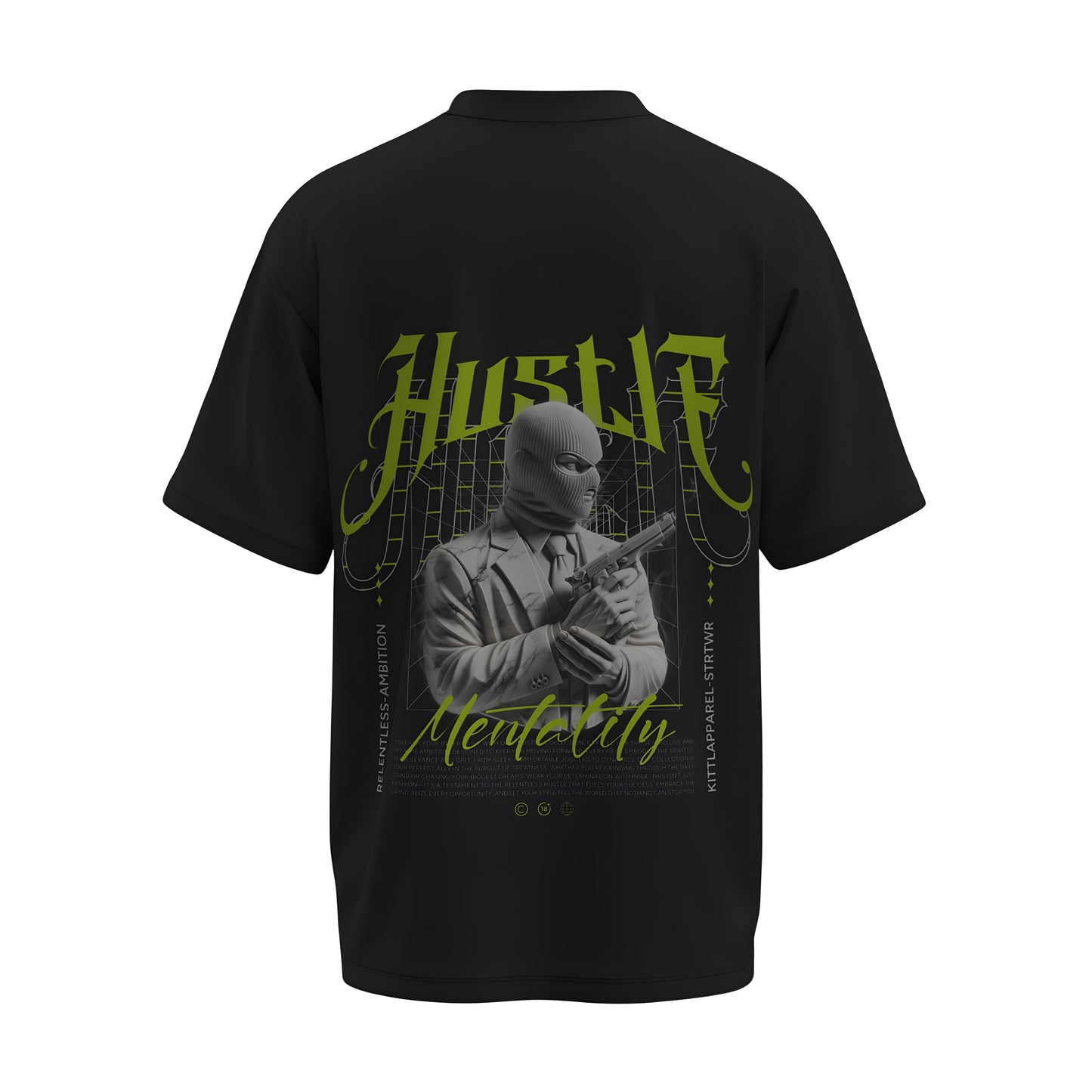 Back view of the premium oversized black t-shirt titled “Hustle” from Kashiba U with cool graphic design inspired by street art printed at the back of the t-shirt. Shop trendy streetwear graphic tee from the website of Kashiba U online. Buy Now!