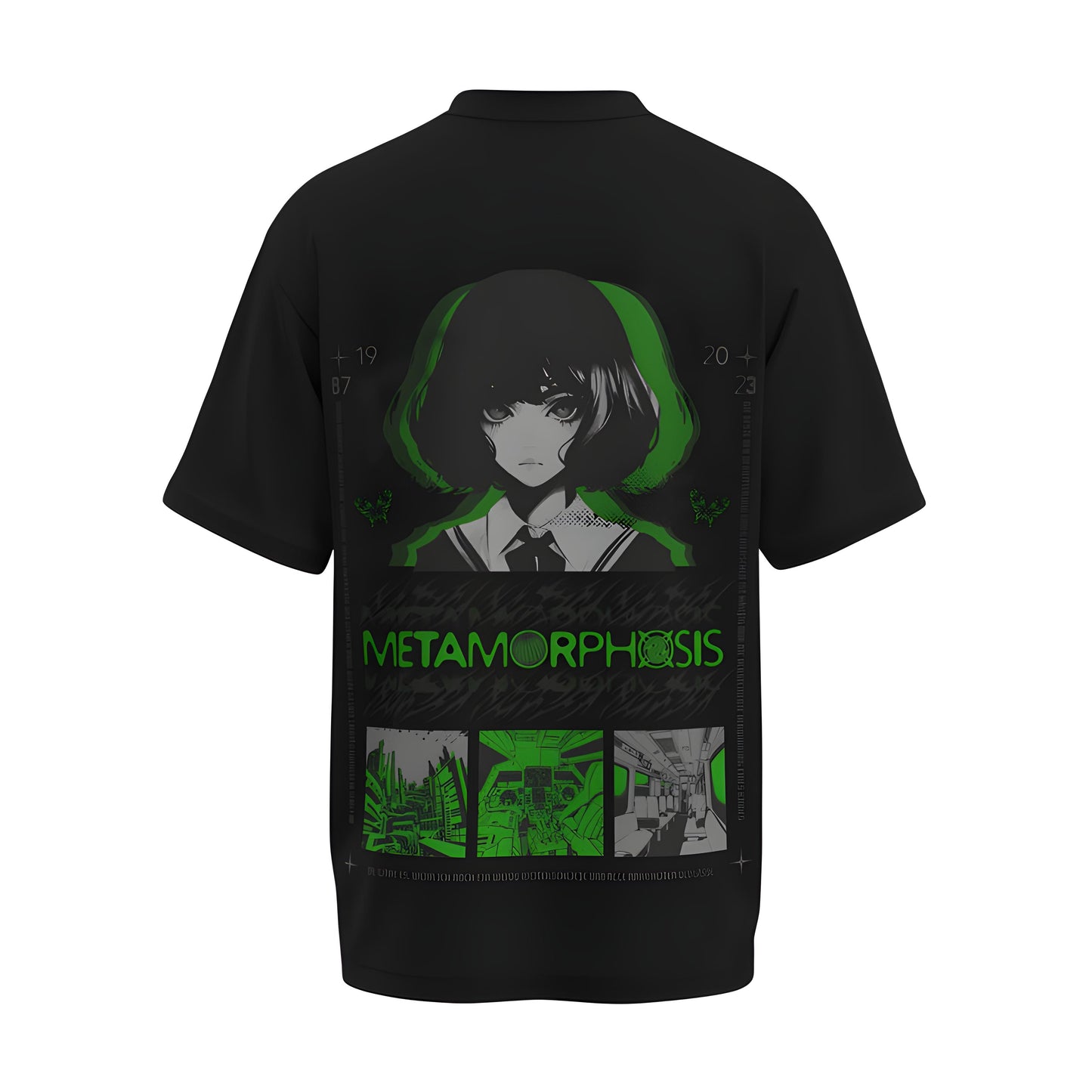 Back view of the premium oversized black t-shirt titled “Metamorphosis” from Kashiba U with cool graphic design inspired by street art printed at the back of the t-shirt. Shop trendy streetwear graphic tee from the website of Kashiba U online. Buy Now!