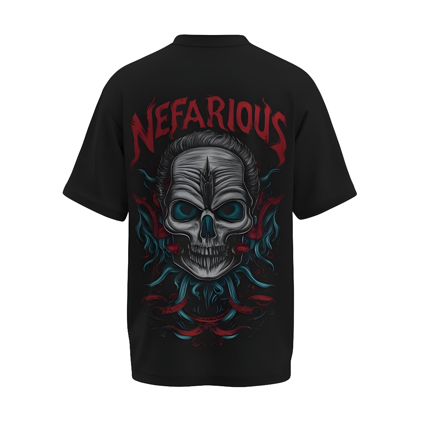 Back view of the premium oversized black t-shirt titled “Nefarious” from Kashiba U with cool graphic design inspired by street art printed at the back of the t-shirt. Shop trendy streetwear graphic tee from the website of Kashiba U online. Buy Now!