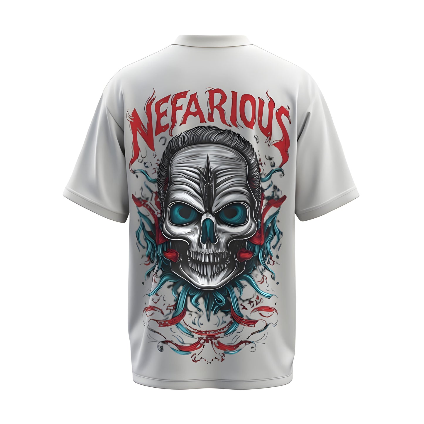 Back view of the premium oversized white t-shirt titled “Nefarious” from Kashiba U with cool graphic design inspired by street art printed at the back of the t-shirt. Shop trendy streetwear graphic tee from the website of Kashiba U online. Buy Now!