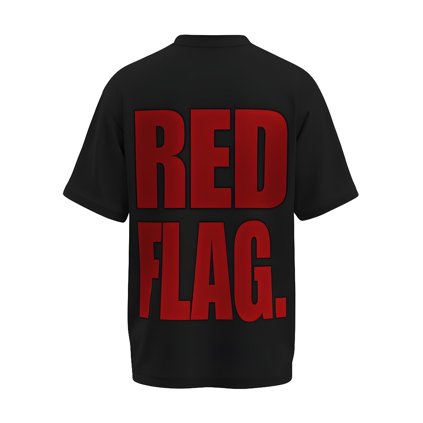 Back view of the premium oversized black t-shirt titled “RED FLAG” from Kashiba U with cool graphic design inspired by street art printed at the back of the t-shirt. Shop trendy streetwear graphic tee from the website of Kashiba U online. Buy Now!