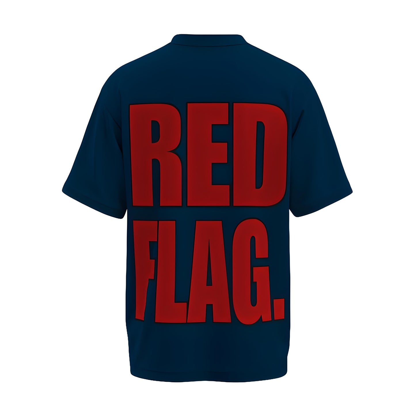 Back view of the premium oversized navy blue t-shirt titled “RED FLAG” from Kashiba U with cool graphic design inspired by street art printed at the back of the t-shirt. Shop trendy streetwear graphic tee from the website of Kashiba U online. Buy Now!