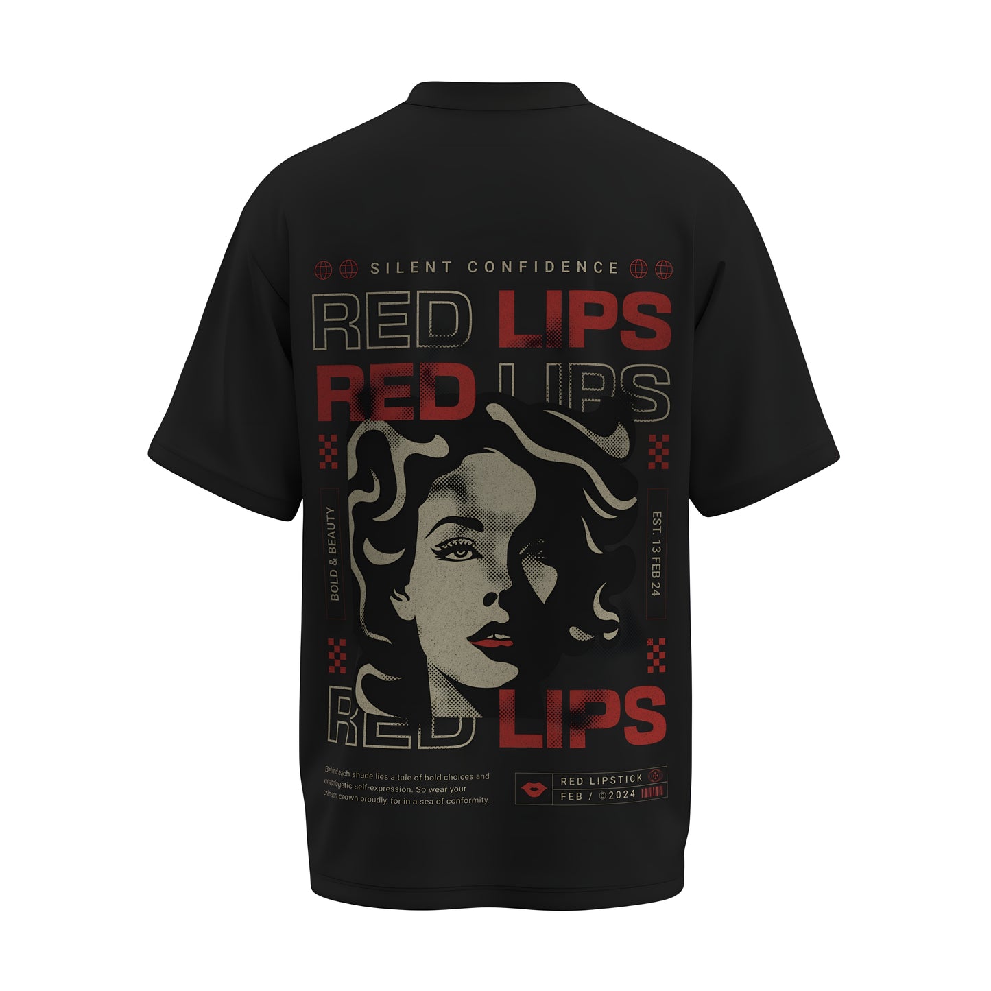 Back view of the premium oversized black t-shirt titled “Red Lips” from Kashiba U with cool graphic design inspired by street art printed at the back of the t-shirt. Shop trendy streetwear graphic tee from the website of Kashiba U online. Buy Now!