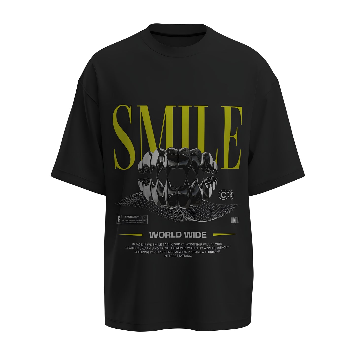 Front view of the premium oversized black t-shirt titled “Smile” from Kashiba U with cool graphic design inspired by street art printed at the back of the t-shirt. Shop trendy streetwear graphic tee from the website of Kashiba U online. Buy Now!