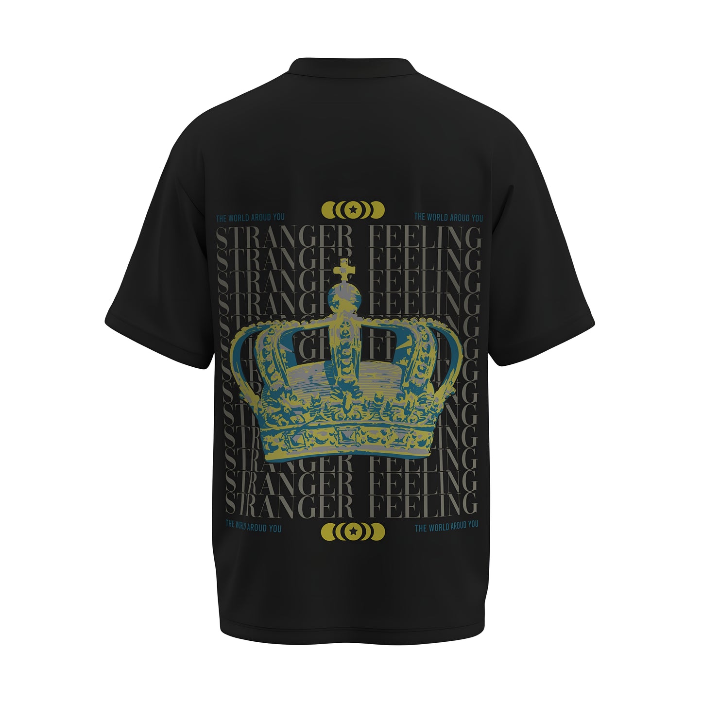 Back view of the premium oversized black t-shirt titled “Stranger Feeling” from Kashiba U with cool graphic design inspired by street art printed at the back of the t-shirt. Shop trendy streetwear graphic tee from the website of Kashiba U online. Buy Now!
