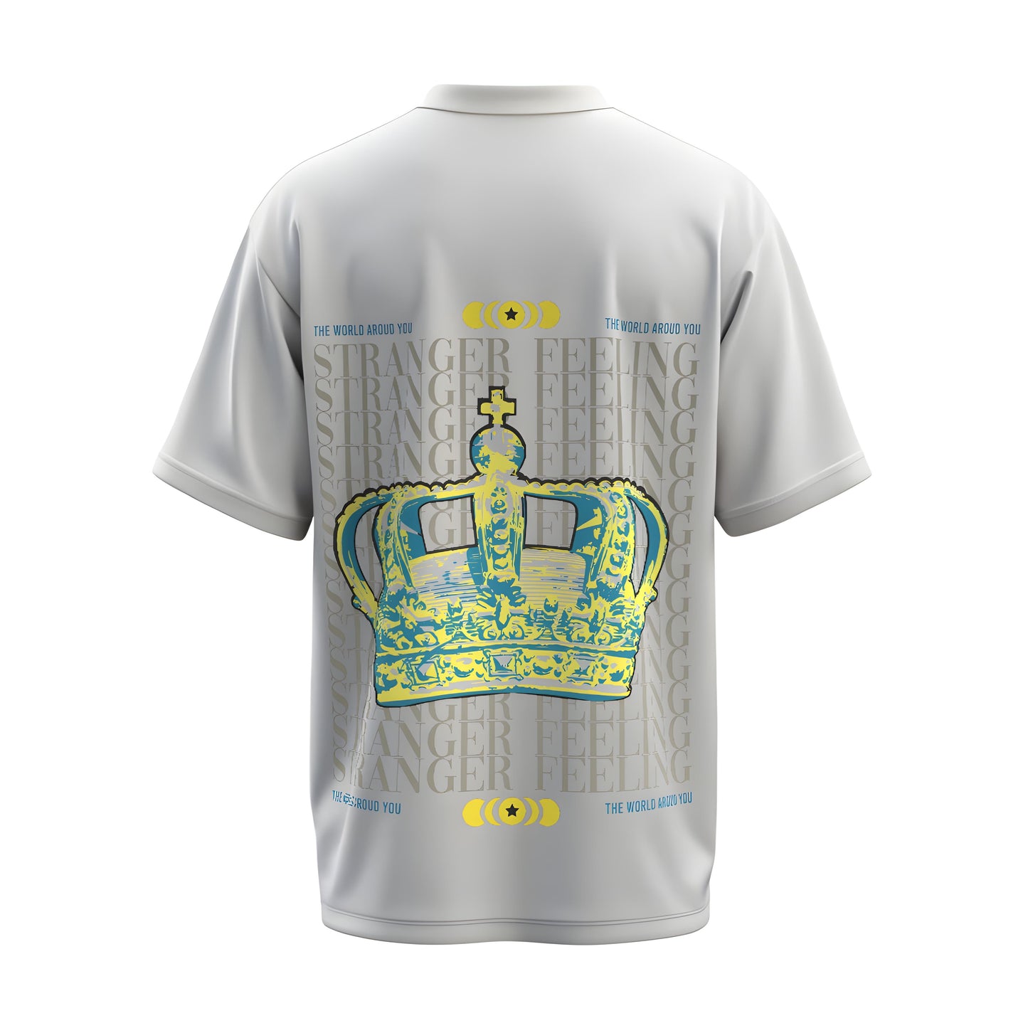 Back view of the premium oversized white t-shirt titled “Stranger Feeling” from Kashiba U with cool graphic design inspired by street art printed at the back of the t-shirt. Shop trendy streetwear graphic tee from the website of Kashiba U online. Buy Now!