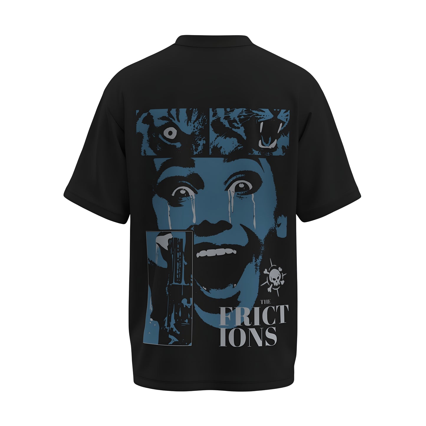 Back view of the premium oversized black t-shirt titled “The Frictions” from Kashiba U with cool graphic design inspired by street art printed at the back of the t-shirt. Shop trendy streetwear graphic tee from the website of Kashiba U online. Buy Now!