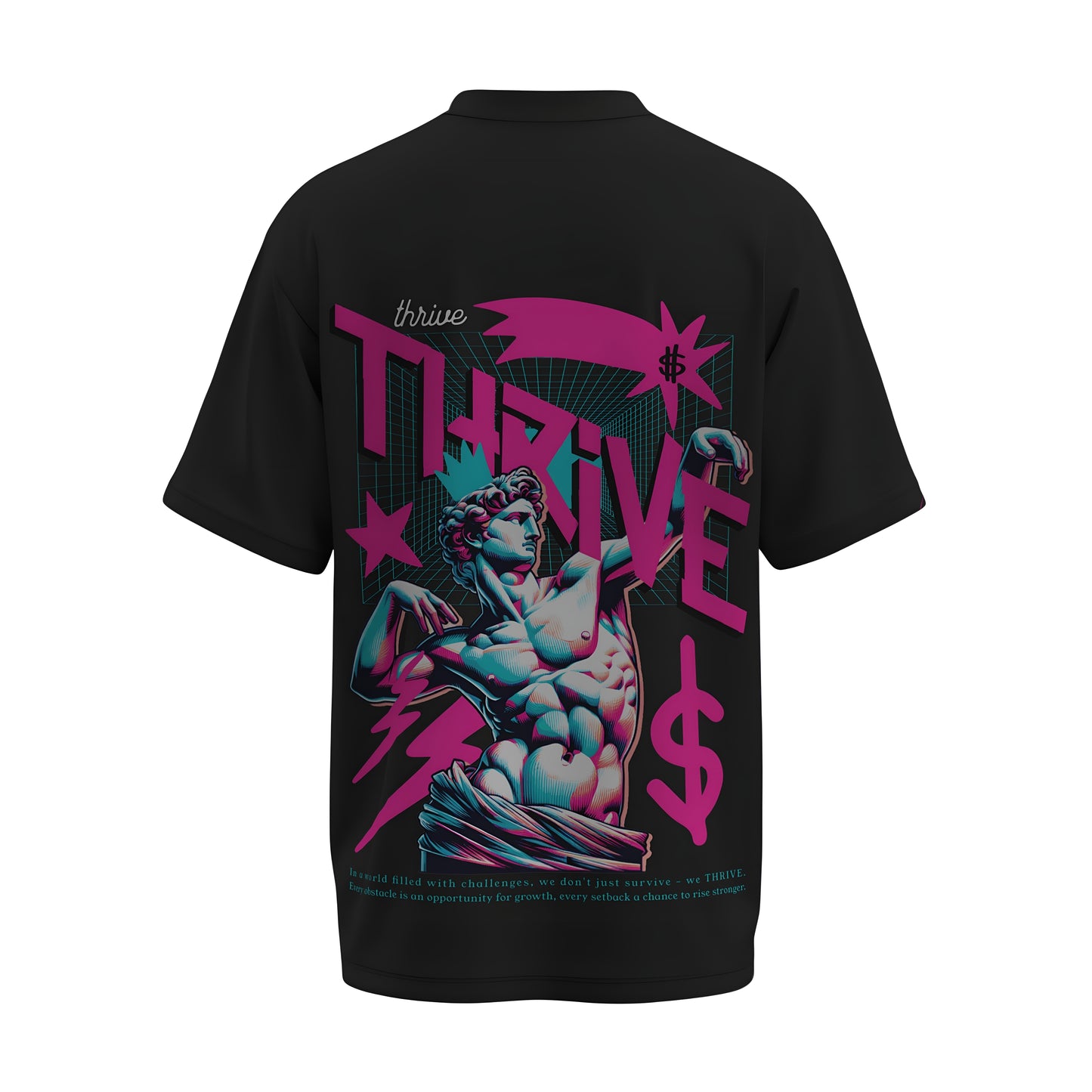 Back view of the premium oversized black t-shirt titled “Thrive” from Kashiba U with cool graphic design inspired by street art printed at the back of the t-shirt. Shop trendy streetwear graphic tee from the website of Kashiba U online. Buy Now!