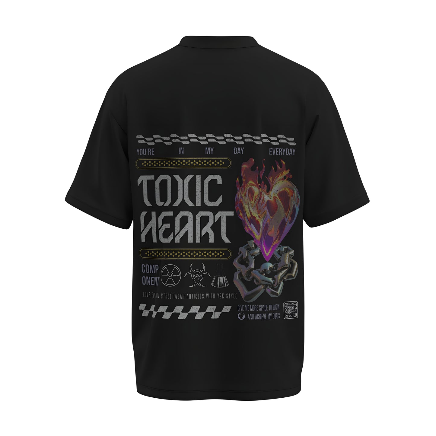 Back view of the premium oversized black t-shirt titled “Toxic Heart” from Kashiba U with cool graphic design inspired by street art printed at the back of the t-shirt. Shop trendy streetwear graphic tee from the website of Kashiba U online. Buy Now!