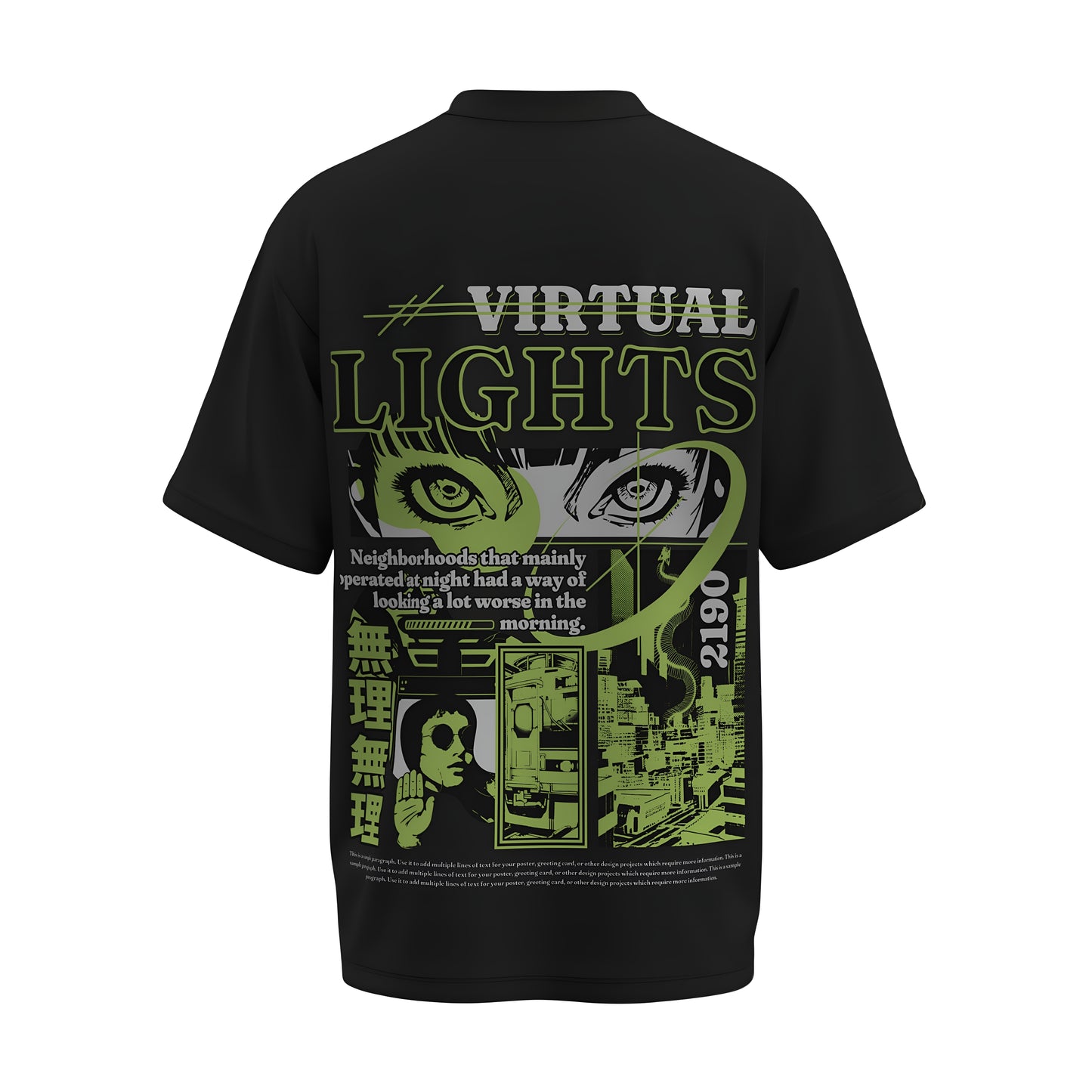 Back view of the premium oversized black t-shirt titled “Virtual Lights” from Kashiba U with cool graphic design inspired by street art printed at the back of the t-shirt. Shop trendy streetwear graphic tee from the website of Kashiba U online. Buy Now!