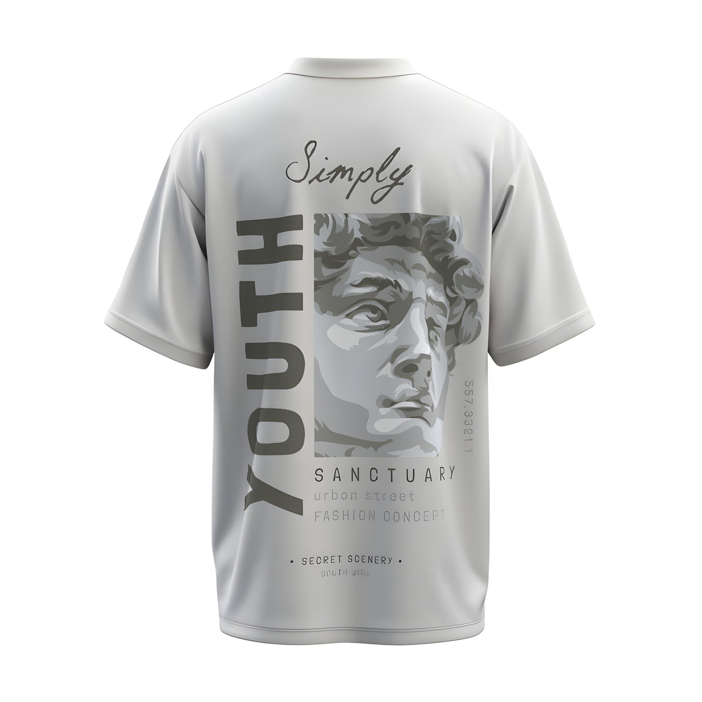 Back view of the premium oversized white t-shirt titled “Youth” from Kashiba U with cool graphic design inspired by street art printed at the back of the t-shirt. Shop trendy streetwear graphic tee from the website of Kashiba U online. Buy Now!