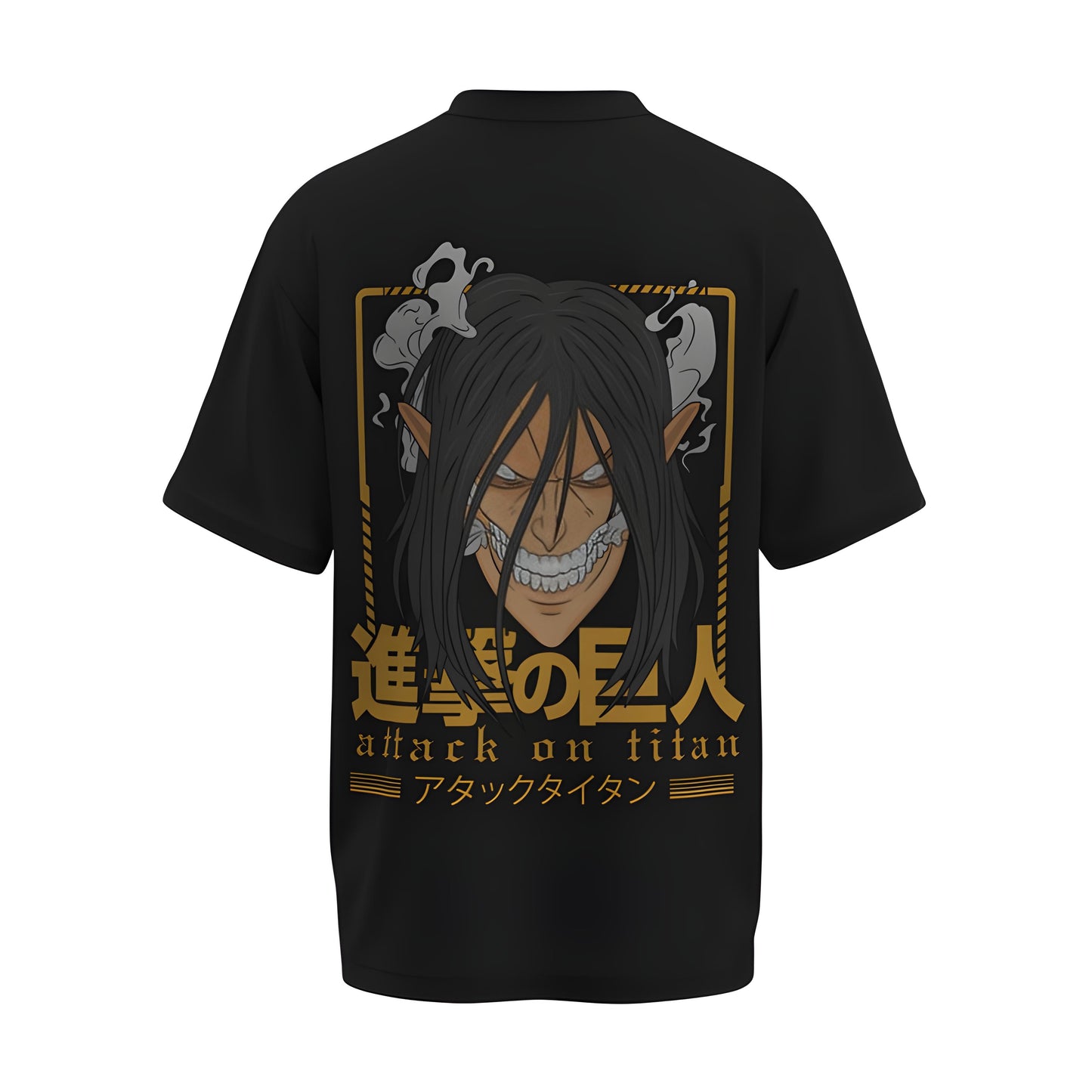 Back view of the premium oversized black t-shirt from Kashiba U with anime design inspired by the Eren Yeager from the anime called Attack On Titan printed at the back of the t-shirt. Shop trendy anime merch from the website of Kashiba U today. Buy Now!