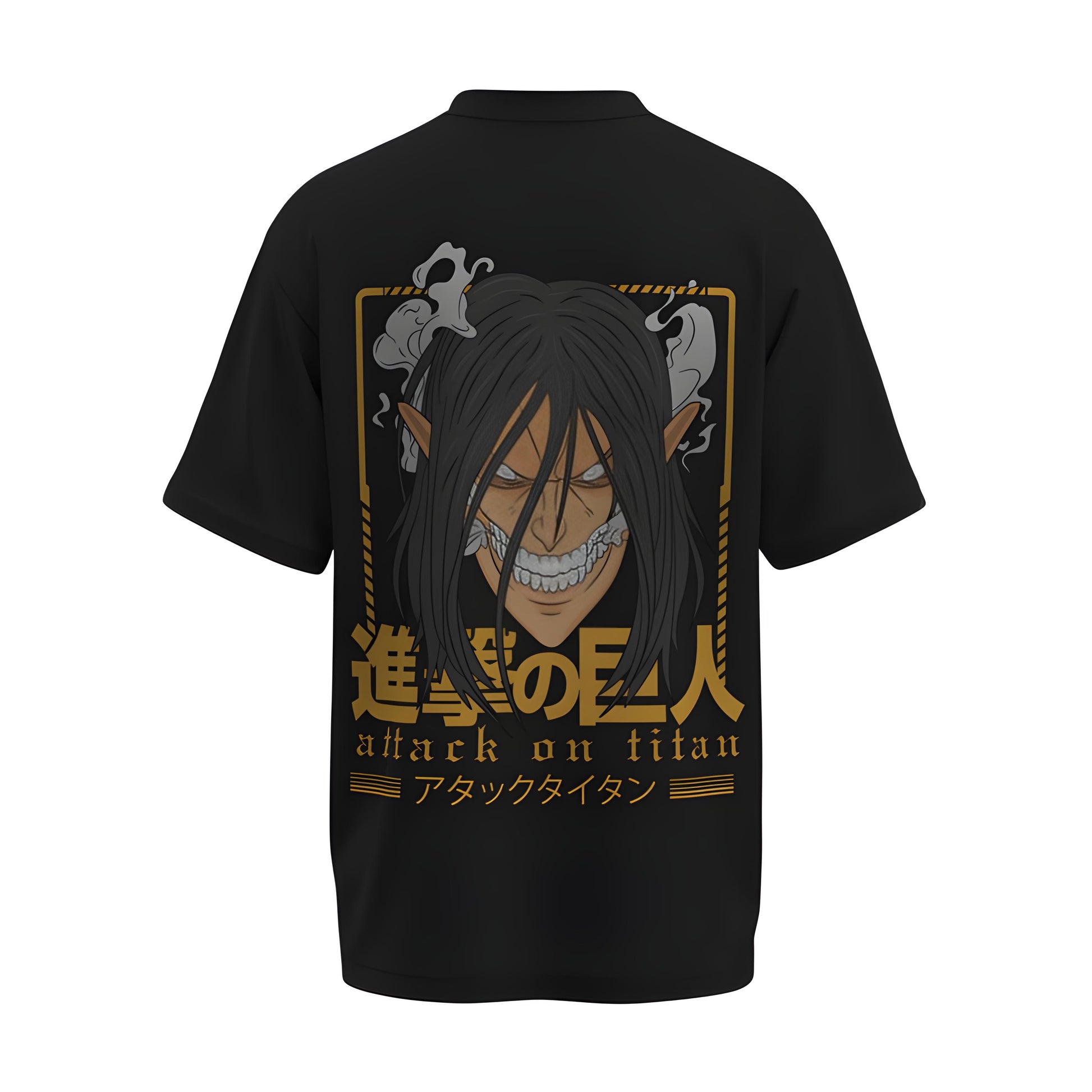 Back view of the premium oversized black t-shirt from Kashiba U with anime design inspired by the Eren Yeager from the anime called Attack On Titan printed at the back of the t-shirt. Shop trendy anime merch from the website of Kashiba U today. Buy Now!