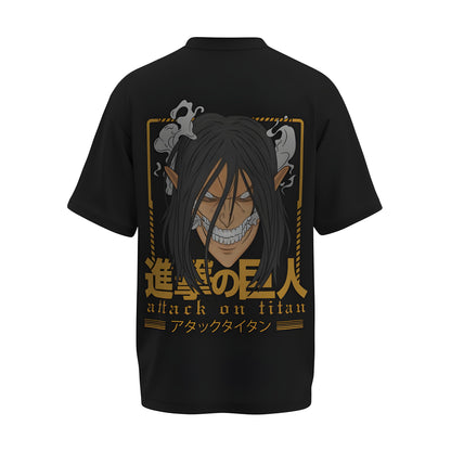 Back view of the premium oversized black t-shirt from Kashiba U with anime design inspired by the Eren Yeager from the anime called Attack On Titan printed at the back of the t-shirt. Shop trendy anime merch from the website of Kashiba U today. Buy Now!