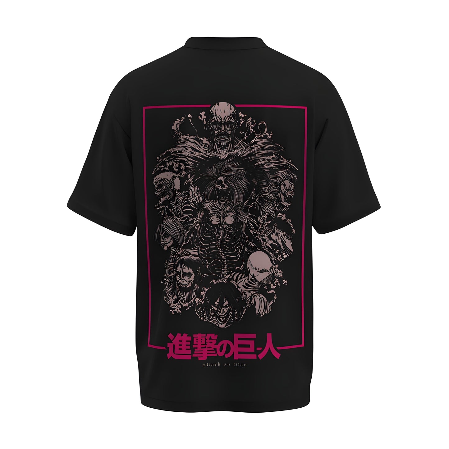 Back view of the premium oversized black t-shirt from Kashiba U with anime design inspired by the The Big Titans from the anime called Attack On Titan printed at the back of the t-shirt. Shop trendy anime merch from the website of Kashiba U today. Buy Now!