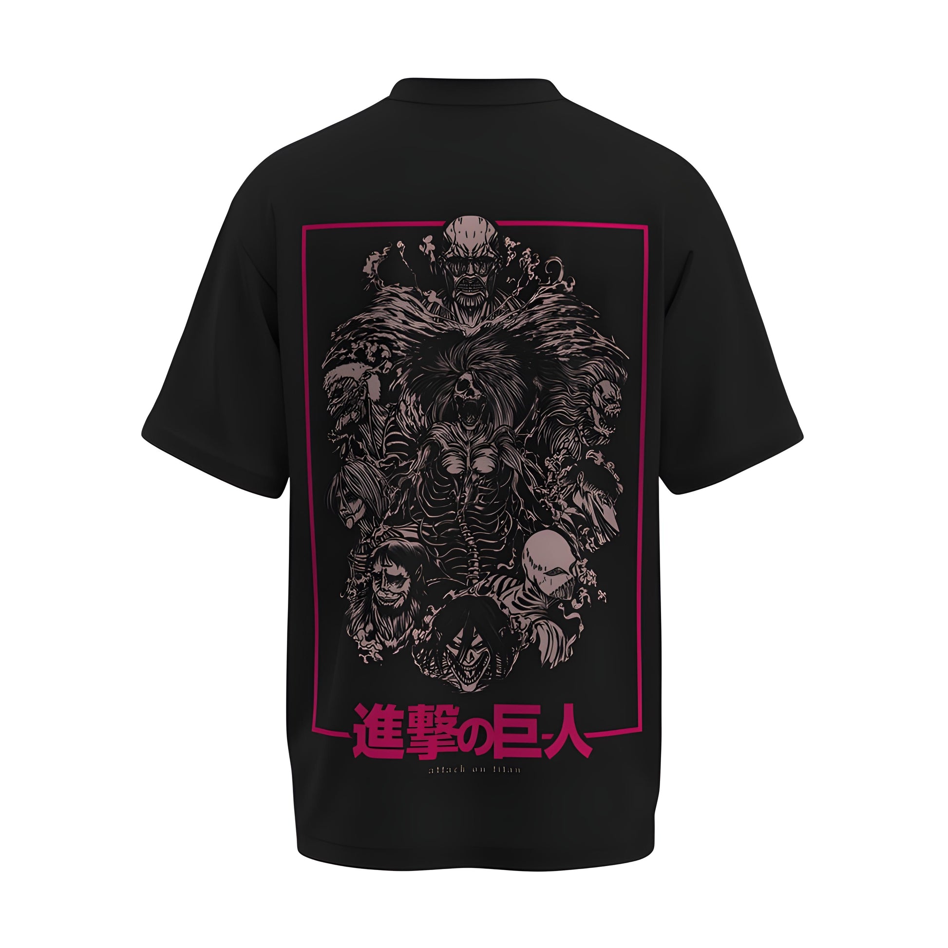 Back view of the premium oversized black t-shirt from Kashiba U with anime design inspired by the The Big Titans from the anime called Attack On Titan printed at the back of the t-shirt. Shop trendy anime merch from the website of Kashiba U today. Buy Now!