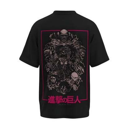 Back view of the premium oversized black t-shirt from Kashiba U with anime design inspired by the The Big Titans from the anime called Attack On Titan printed at the back of the t-shirt. Shop trendy anime merch from the website of Kashiba U today. Buy Now!