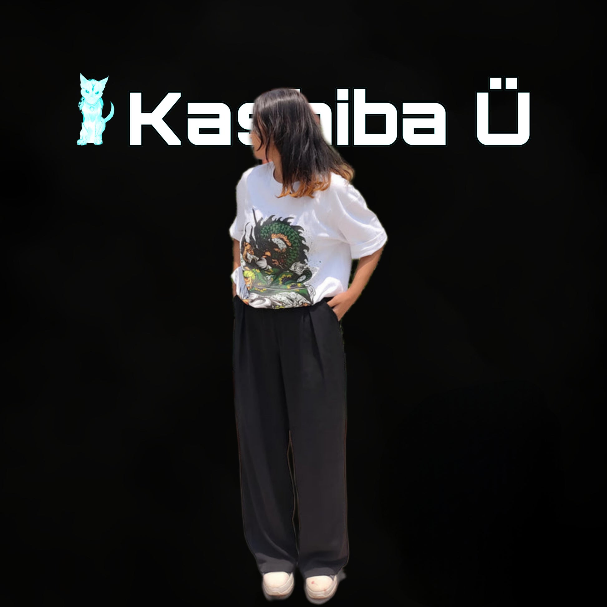 Front view of the model showcasing the premium oversized white t-shirt from Kashiba U with design inspired by Roronoa Zoro in Asura form from Wano Arc from the anime One Piece. Shop trendy premium t-shirt from Kashiba U online. Buy Now!