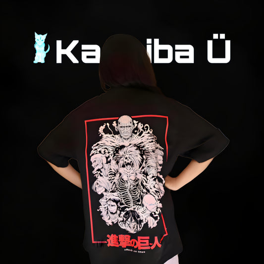 Back View of the model showcasing the premium oversized black t-shirt from Kashiba U with design inspired by The Big Titans from the anime Attack On Titan. Shop trendy anime merch now!