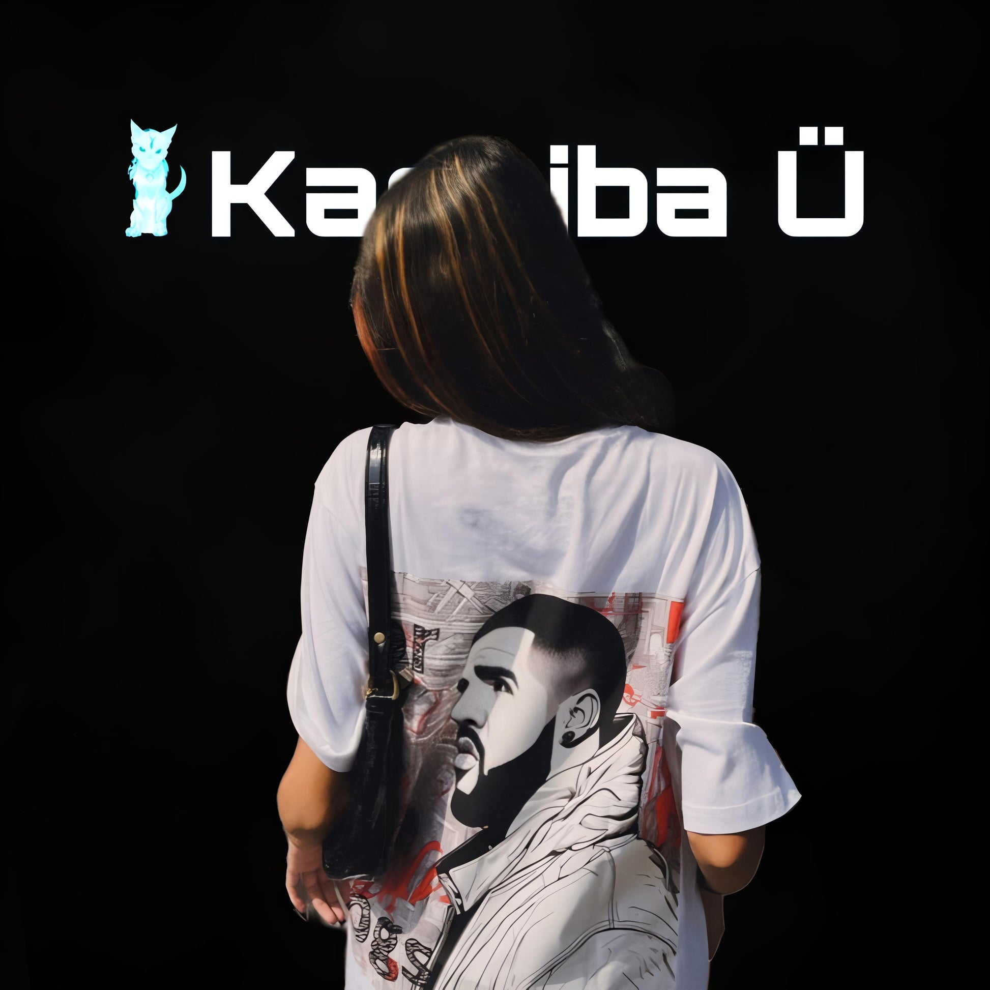 Back view of the model showcasing the premium oversized white t-shirt from Kashiba U with design inspired by Drake. Shop trendy premium t-shirt from Kashiba U online. Buy Now!