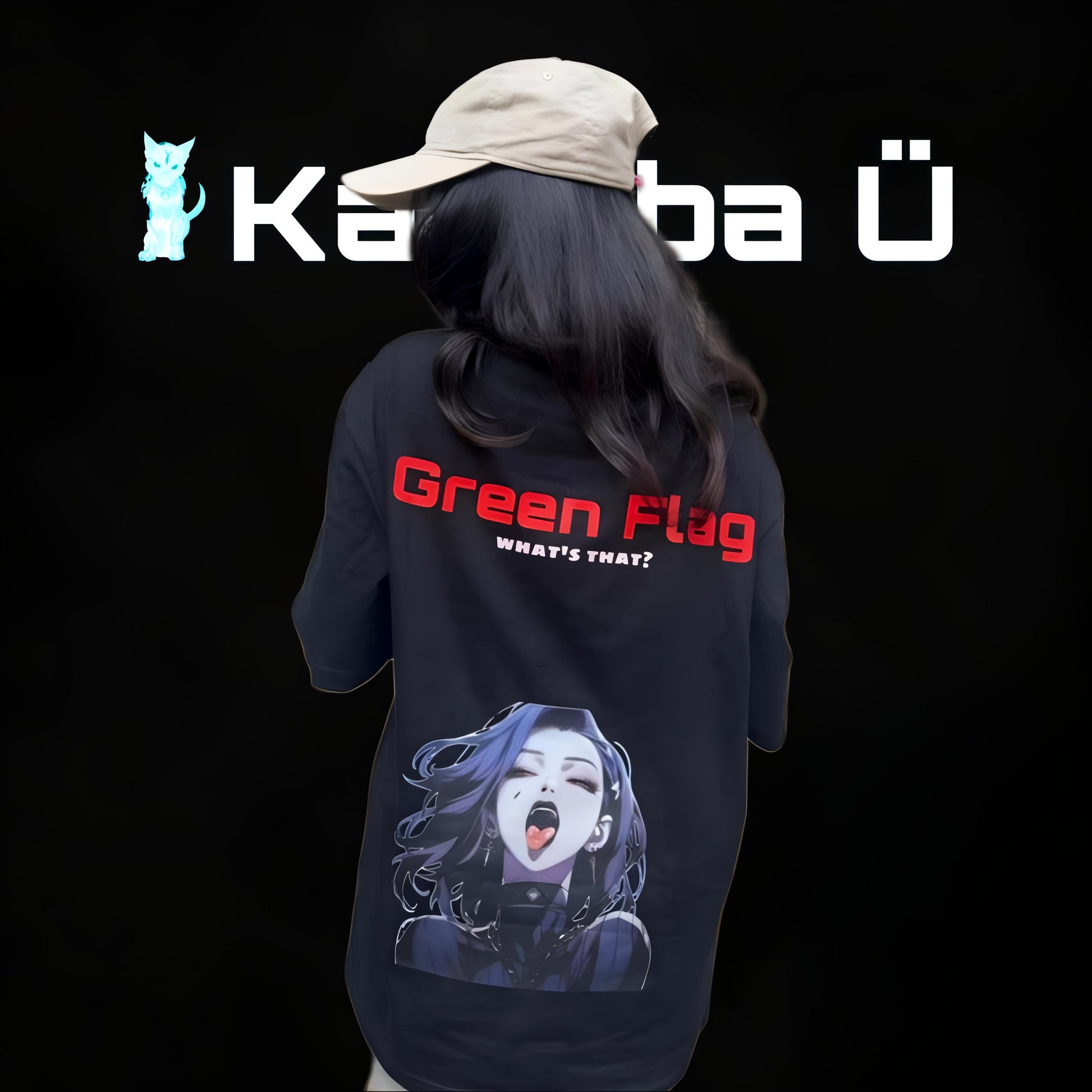 Back view of the model showcasing the premium oversized black t-shirt from Kashiba U with design inspired by Anime girl with her tongue out mockingly saying Green Flag what is that?. Shop trendy premium t-shirt from Kashiba U online. Buy Now!