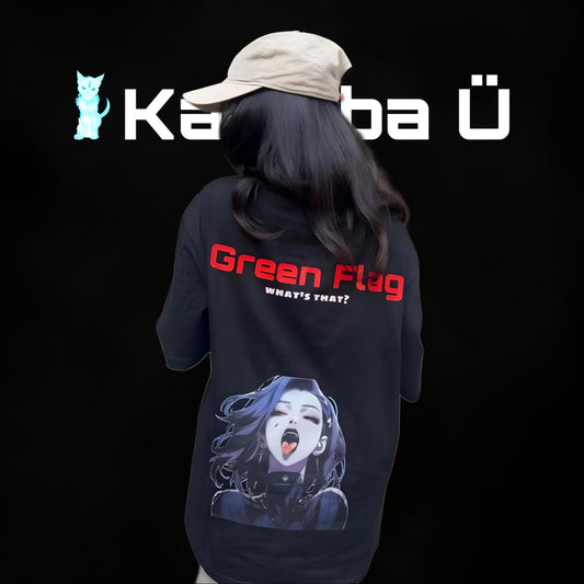 Back view of the model showcasing the premium oversized black t-shirt from Kashiba U with design inspired by Anime girl with her tongue out mockingly saying Green Flag what is that?. Shop trendy premium t-shirt from Kashiba U online. Buy Now!