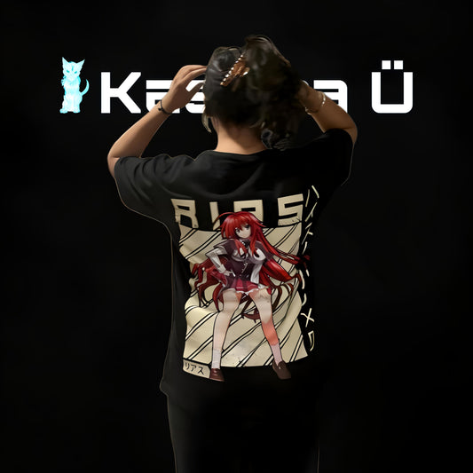 Back view of the model showcasing the premium oversized black t-shirt from Kashiba U with design inspired by Rias Gremory from the anime High School DxD. Shop trendy premium t-shirt from Kashiba U online. Buy Now!