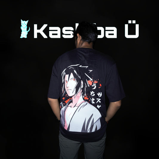 Back view of the model showcasing the premium oversized black t-shirt from Kashiba U with design inspired by Sasuke Uchiha from the anime Naruto Shippuden. Shop trendy premium t-shirt from Kashiba U online. Buy Now!