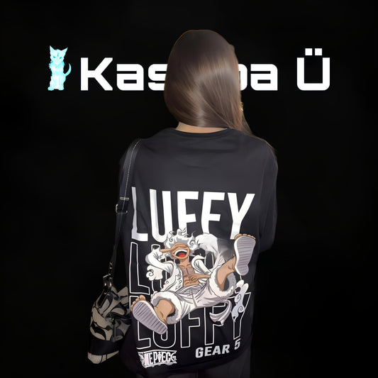 Back view of the model showcasing the premium oversized black t-shirt from Kashiba U with design inspired by Monkey D. Luffy laughing in Gear 5 form from the anime One Piece. Shop trendy premium t-shirt from Kashiba U online. Buy Now!