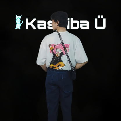 Back view of the model showcasing the premium oversized white t-shirt from Kashiba U with design inspired by Anya Forger from the anime Spy x Family. Shop trendy premium t-shirt from Kashiba U online. Buy Now!