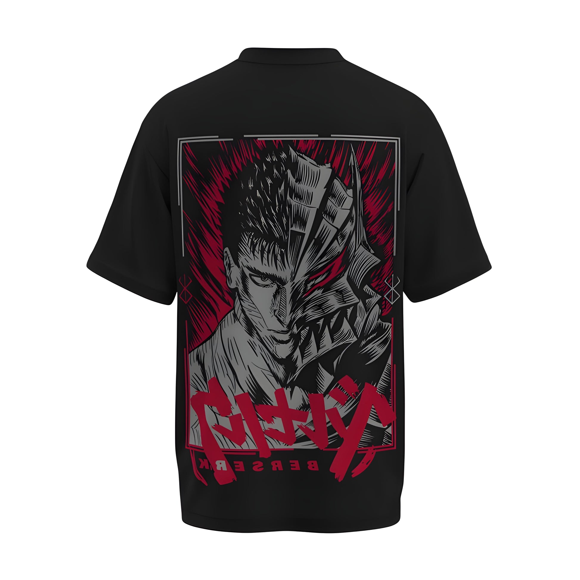 Back view of the premium oversized black t-shirt from Kashiba U with anime design inspired by the Guts from the anime called Berserk printed at the back of the t-shirt. Shop trendy anime merch from the website of Kashiba U today. Buy Now!