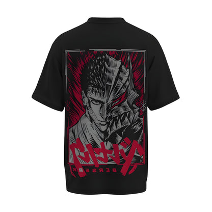 Back view of the premium oversized black t-shirt from Kashiba U with anime design inspired by the Guts from the anime called Berserk printed at the back of the t-shirt. Shop trendy anime merch from the website of Kashiba U today. Buy Now!