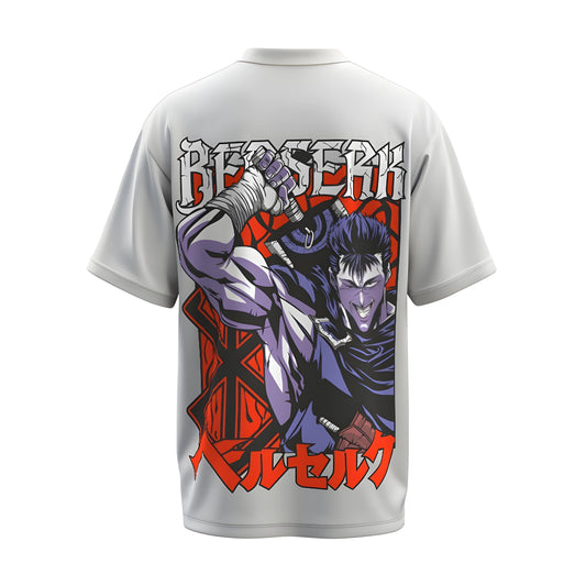 Back view of the premium oversized white t-shirt from Kashiba U with anime design inspired by the Guts from the anime called Berserk printed at the back of the t-shirt. Shop trendy anime merch from the website of Kashiba U today. Buy Now!