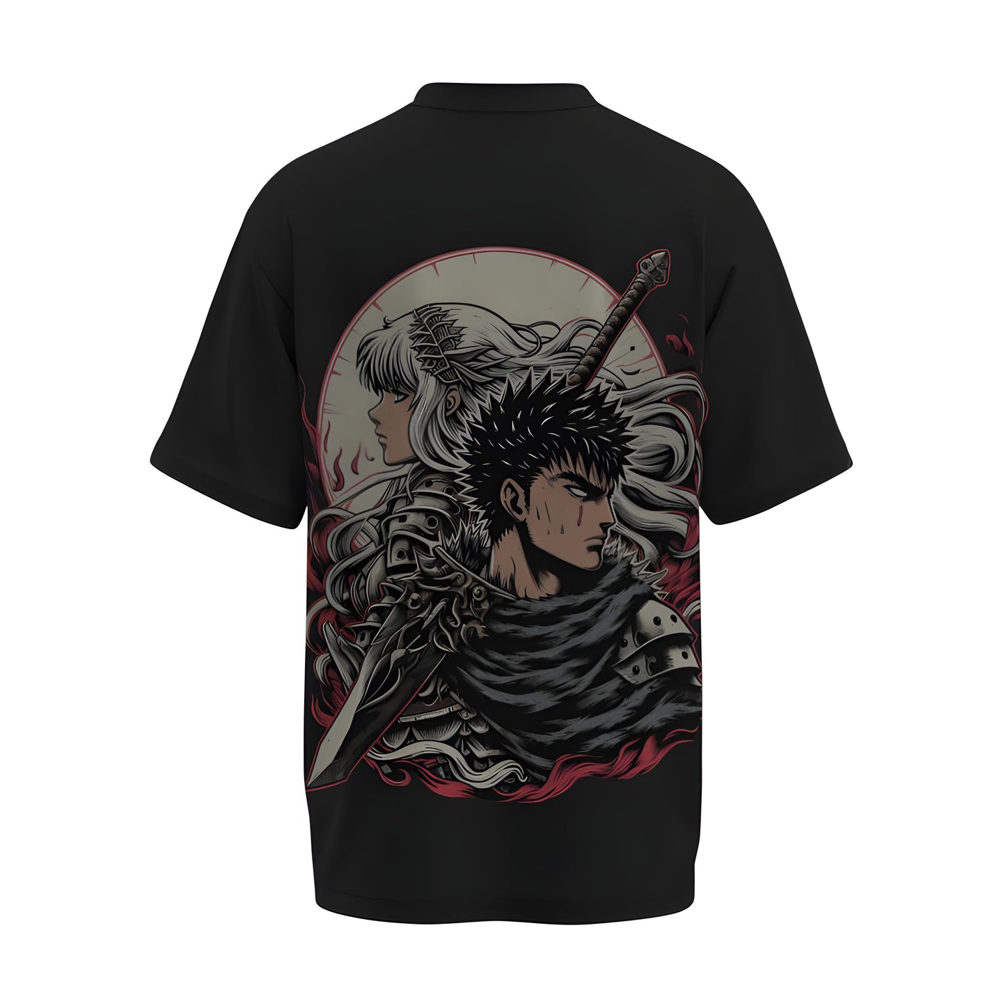 Back view of the premium oversized black t-shirt from Kashiba U with anime design inspired by the Guts and Griffith from the anime called Berserk printed at the back of the t-shirt. Shop trendy anime merch from the website of Kashiba U today. Buy Now!