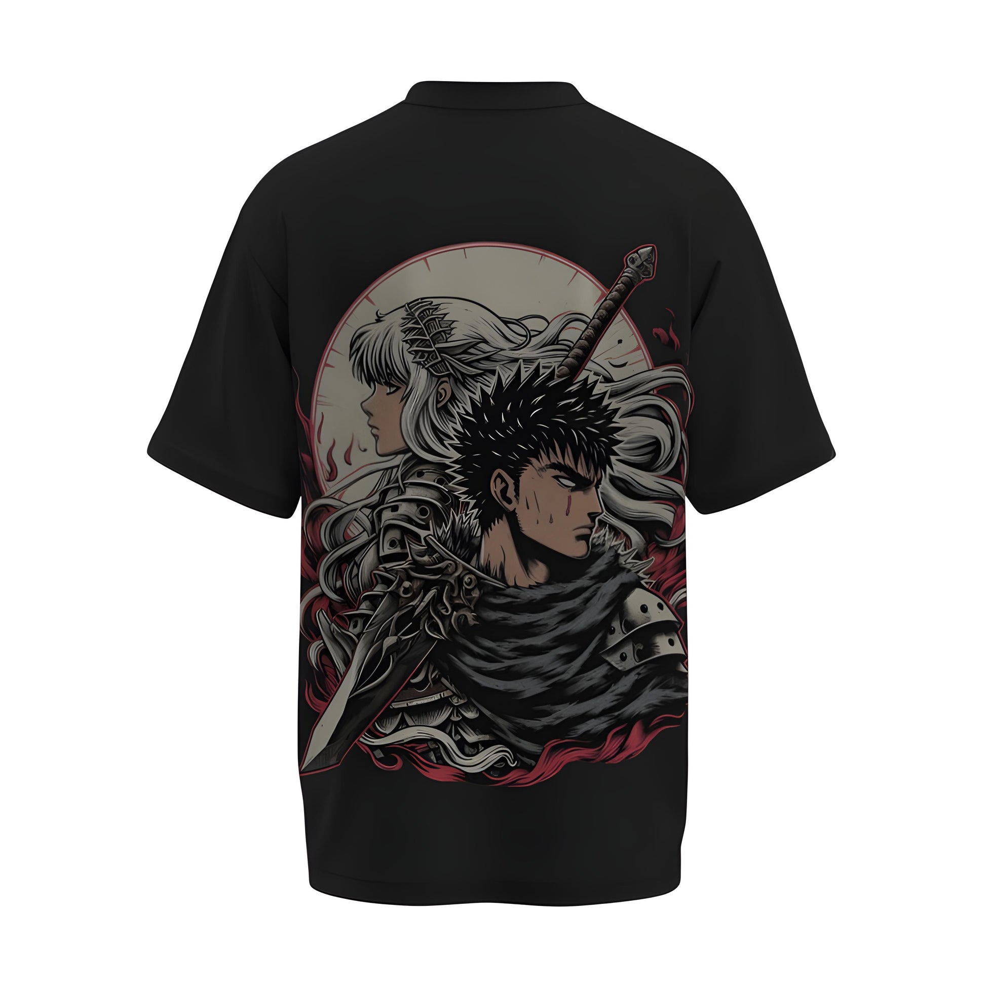 Back view of the premium oversized black t-shirt from Kashiba U with anime design inspired by the Guts and Griffith from the anime called Berserk printed at the back of the t-shirt. Shop trendy anime merch from the website of Kashiba U today. Buy Now!