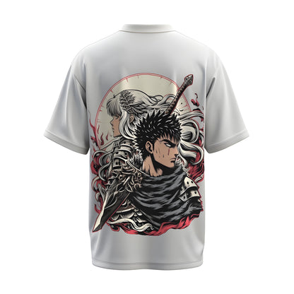 Back view of the premium oversized white t-shirt from Kashiba U with anime design inspired by the Guts and Griffith from the anime called Berserk printed at the back of the t-shirt. Shop trendy anime merch from the website of Kashiba U today. Buy Now!
