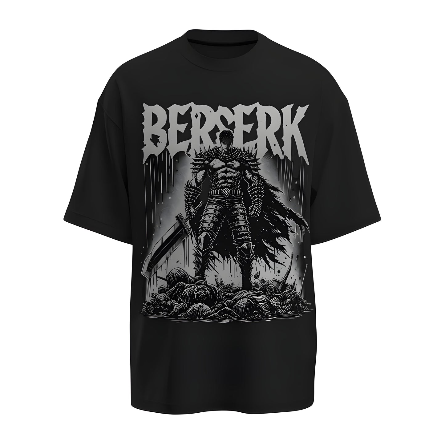 Front view of the premium oversized black t-shirt from Kashiba U with anime design inspired by the Guts from the anime called Berserk printed at the back of the t-shirt. Shop trendy anime merch from the website of Kashiba U today. Buy Now!