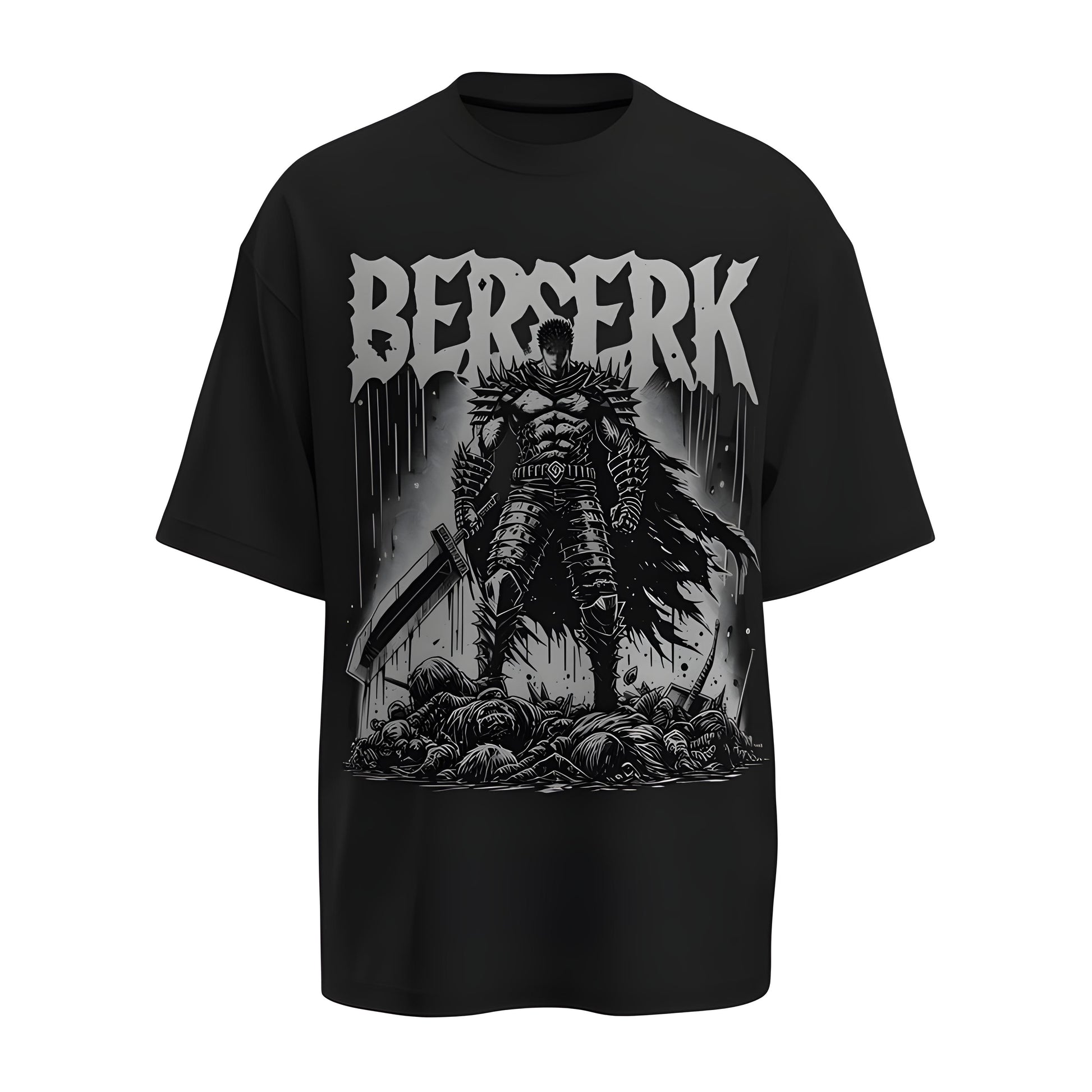 Front view of the premium oversized black t-shirt from Kashiba U with anime design inspired by the Guts from the anime called Berserk printed at the back of the t-shirt. Shop trendy anime merch from the website of Kashiba U today. Buy Now!