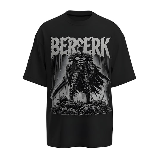 Front view of the premium oversized black t-shirt from Kashiba U with anime design inspired by the Guts from the anime called Berserk printed at the back of the t-shirt. Shop trendy anime merch from the website of Kashiba U today. Buy Now!