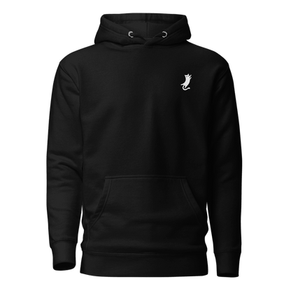 Front view of the premium and limited edition black hoodie from Kashiba U with cat logo at upper left. Shop trendy graphic hoodie from Kashiba U online. Buy Now!