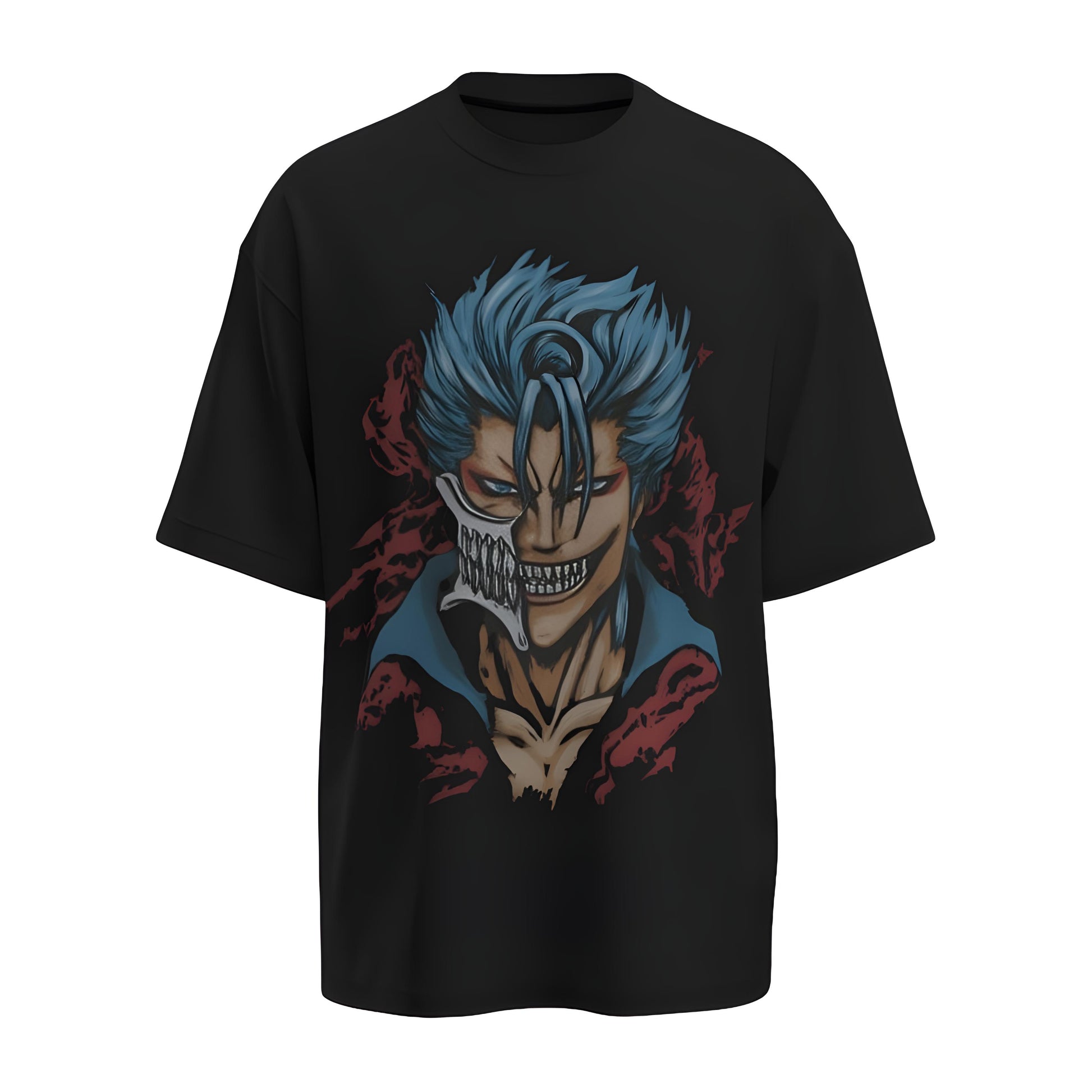 Front view of the premium oversized black t-shirt from Kashiba U with anime design inspired by the Grimjow from the anime called Bleach printed at the front of the t-shirt. Shop trendy anime merch from the website of Kashiba U online. Buy Now!