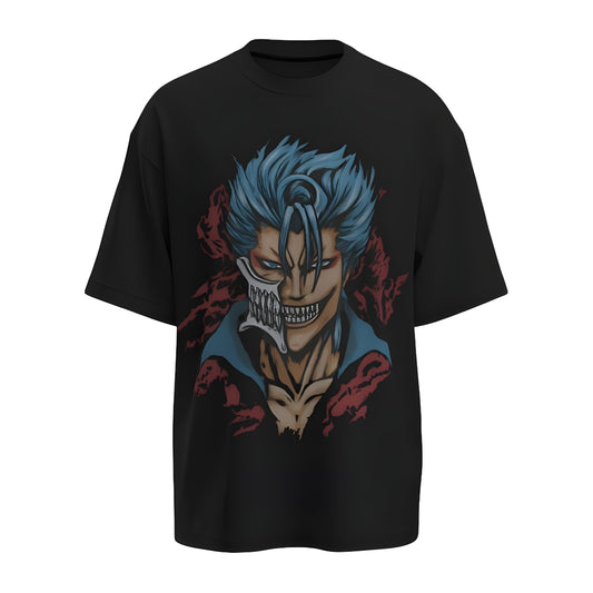 Front view of the premium oversized black t-shirt from Kashiba U with anime design inspired by the Grimjow from the anime called Bleach printed at the front of the t-shirt. Shop trendy anime merch from the website of Kashiba U online. Buy Now!