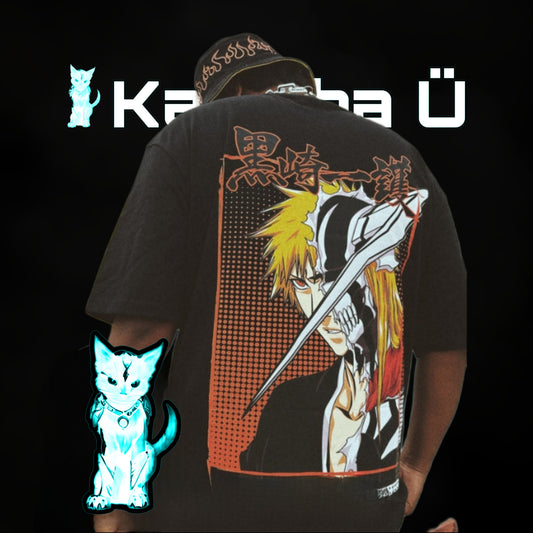 Back view of the model showcasing the premium oversized black t-shirt from Kashiba U with design inspired by Ichigo in Hollow Form from the anime Bleach. Shop trendy premium t-shirt from Kashiba U online. Buy Now!