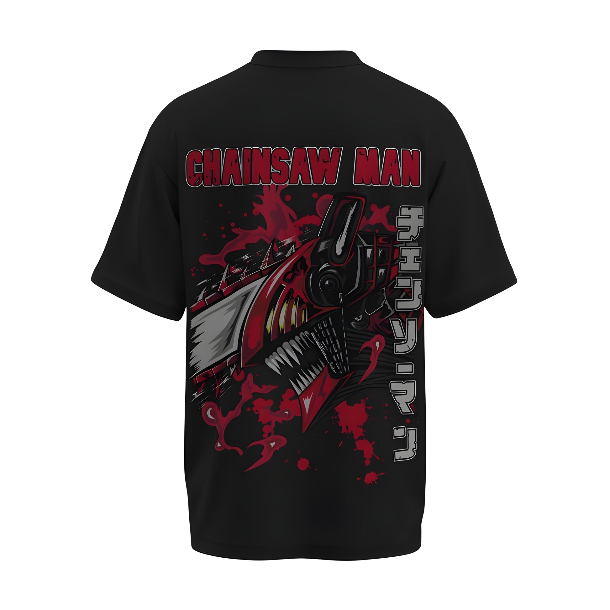 Back view of the premium oversized black t-shirt from Kashiba U with anime design inspired by Denji in Chainsaw form from the anime called Chainsaw Man printed at the back of the t-shirt. Shop trendy anime merch from the website of Kashiba U online. Buy Now!