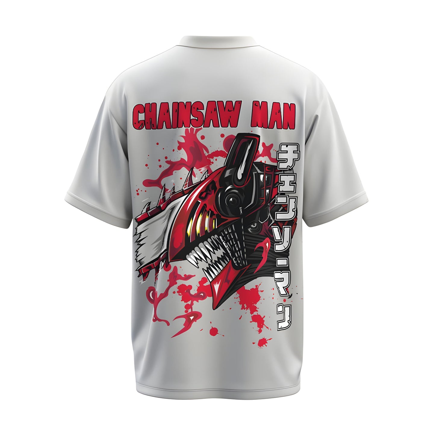 Back view of the premium oversized white t-shirt from Kashiba U with anime design inspired by the Denji in Chainsaw form from the anime called Chainsaw Man printed at the back of the t-shirt. Shop trendy anime merch from the website of Kashiba U online. Buy Now!