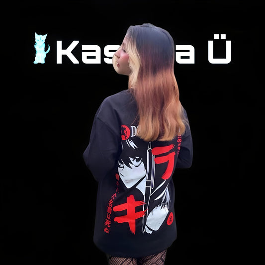 Back view of the model showcasing the premium oversized black t-shirt from Kashiba U with design inspired by Light Yagami and L from the anime Death Note. Shop trendy premium t-shirt from Kashiba U online. Buy Now!