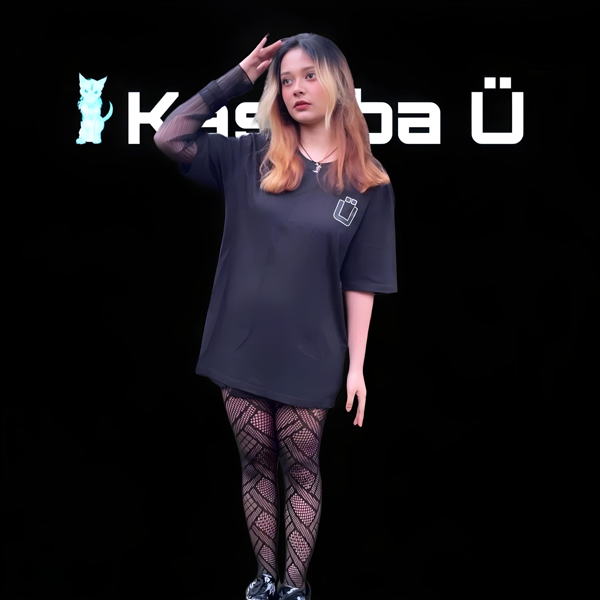Front view of the model showcasing the premium oversized black t-shirt from Kashiba U. Shop online today.
Tag- Buy Now!