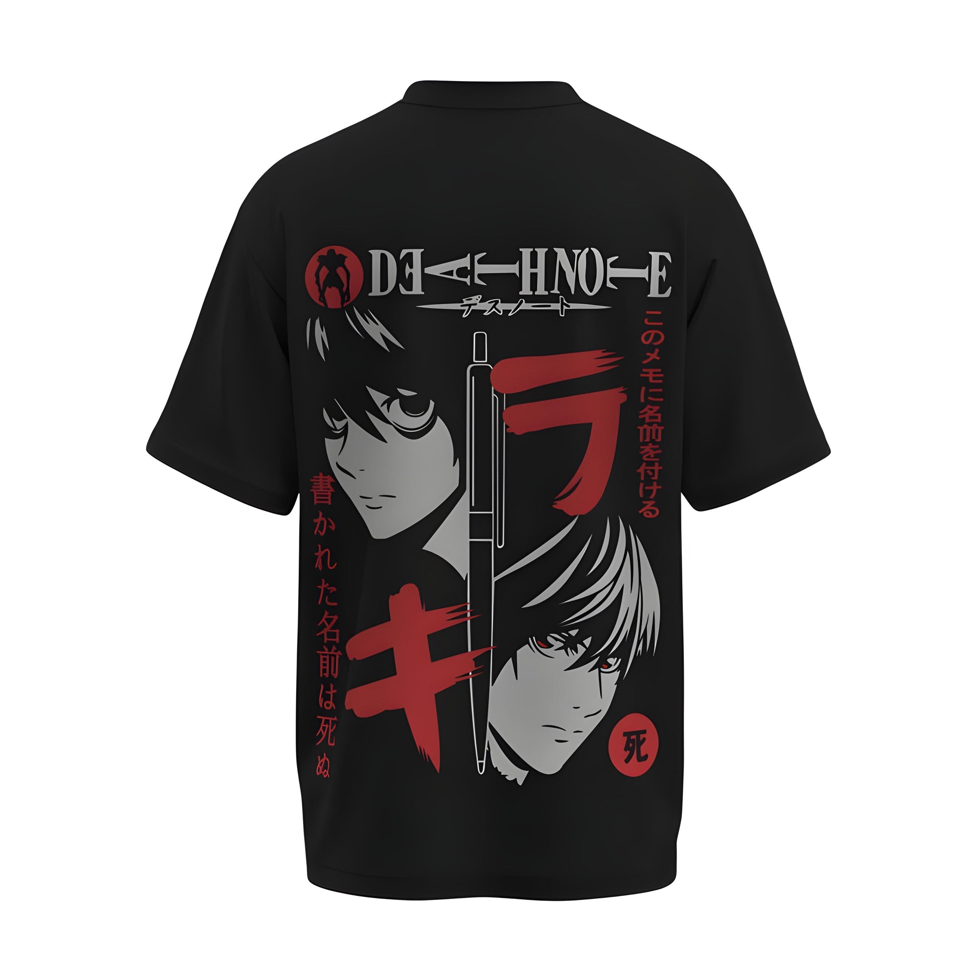 Back  view of the premium oversized (colour) t-shirt from Kashiba U with anime design inspired by the Light Yagami and L from the anime called Death Note printed at the back of the t-shirt. Shop trendy anime merch from the website of Kashiba U online. Buy Now!