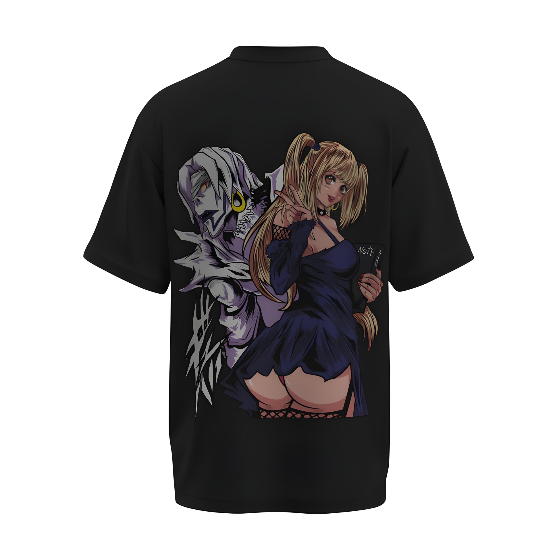 Back view of the premium oversized black t-shirt from Kashiba U with anime design inspired by the Misa Amane from the anime called Death Note printed at the back of the t-shirt. Shop trendy anime merch from the website of Kashiba U online. Buy Now!