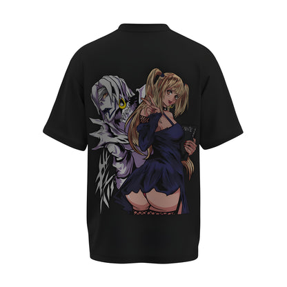 Back view of the premium oversized black t-shirt from Kashiba U with anime design inspired by the Misa Amane from the anime called Death Note printed at the back of the t-shirt. Shop trendy anime merch from the website of Kashiba U online. Buy Now!